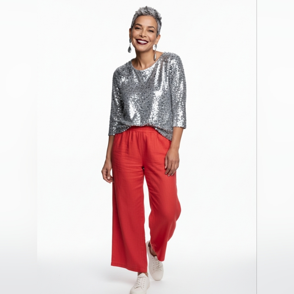Alembika Tomatoe Red 100% Linen Wide-Leg Pull Up Pants 2 M 8-10 (33)